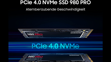 SAMSUNG 980 PRO interne Festplatte, M.2 via NVMe mit der Überschrift: PCIe 4.0 NVMe SSD 980 Pro Atemberaubende Geschwindigkeit
