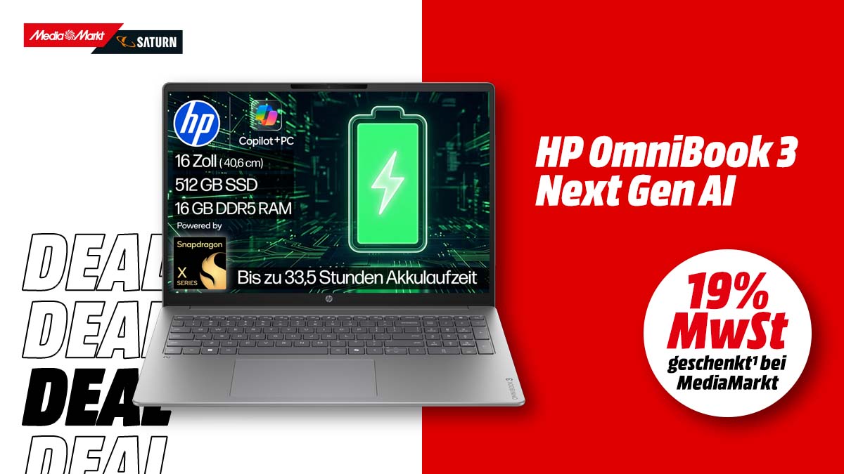 Jetzt bei MediaMarkt sparen: Sichere dir das HP OmniBook 3 mit 19 % MwSt.-geschenkt. Entdecke den smarten KI-Laptop!