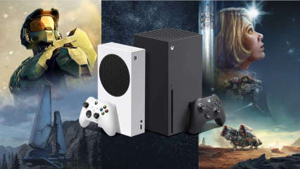 Die Xbox Series S und die Xbox Series X stehen vor einem Hintergrundbild, auf dem die Spiele Halo Infinite und Starfield zu sehen sind.