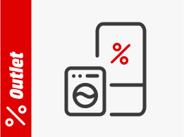 Kühlschrank mit Prozent-Icon, daneben eine Waschmaschine. Links steht auf rotem Hintergrund „Outlet“ mit einem Prozentzsymbol.