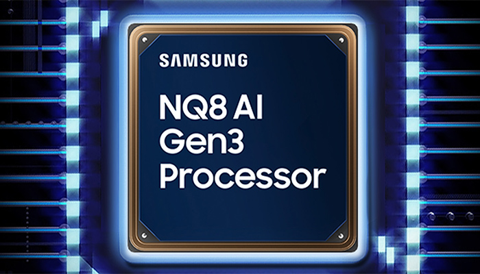 Nahaufnahme eines Samsung NQ8 AI Gen3 Prozessors mit blauen Lichteffekten im Hintergrund.