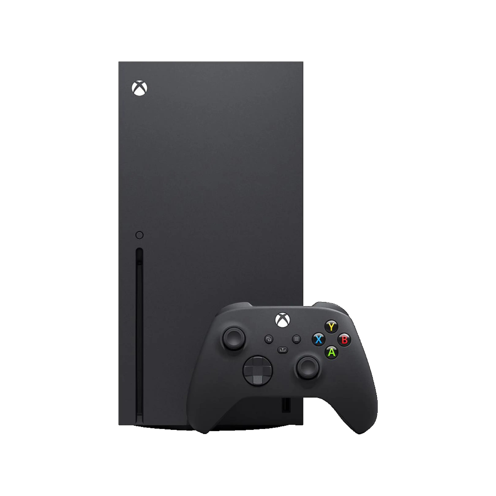  MICROSOFT Xbox Series X 1TB: schwarzer, turmförmiger Spielekonsolen‑Tower mit Disc‑Schacht und passendem kabellosem Controller im Vordergrund.