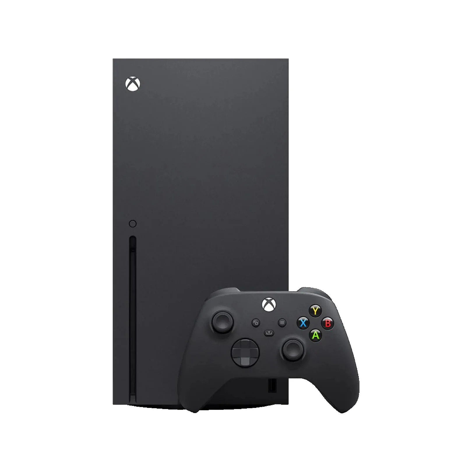 XBOX Series X 1TB MICROSOFT Xbox Series X 1TB: schwarzer, turmförmiger Spielekonsolen‑Tower mit Disc‑Schacht und passendem kabellosem Controller im Vordergrund.