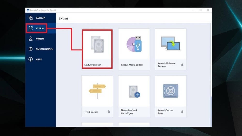 Acronis-Software mit roter Umrandung bei Laufwerk klonen