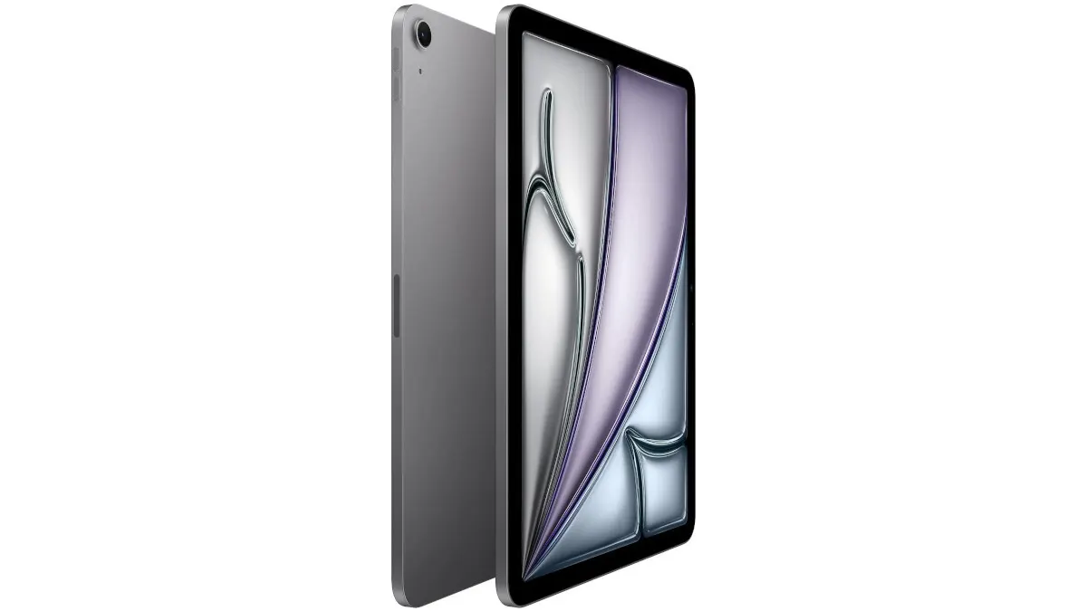 Ein graues Tablet steht aufrecht neben einem Tablet mit einem silbernen und violetten Bildschirm.