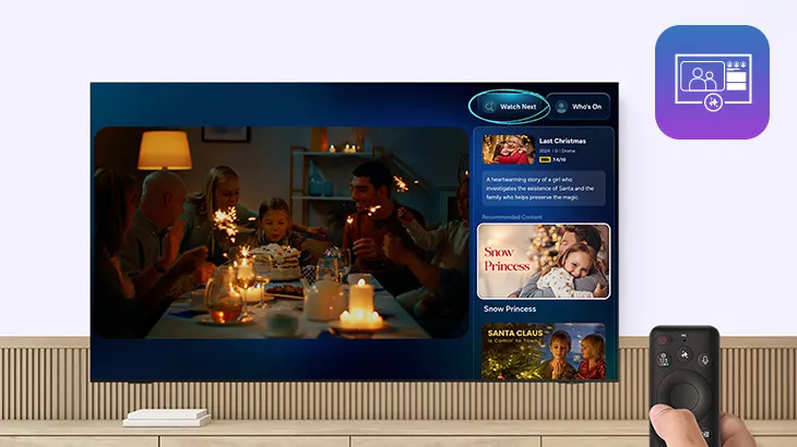 Dunkler Hintergrund mit Symbolen für Infinity One Design, One Connect Box, One Connect Cable, LaserSlim Design und Text "slimmer than ever".