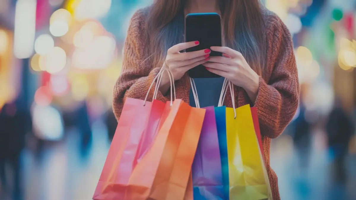 Eine Frau schaut auf ihr Smartphone, während sie mehrere bunte Einkaufstüten in einer Stadt trägt.