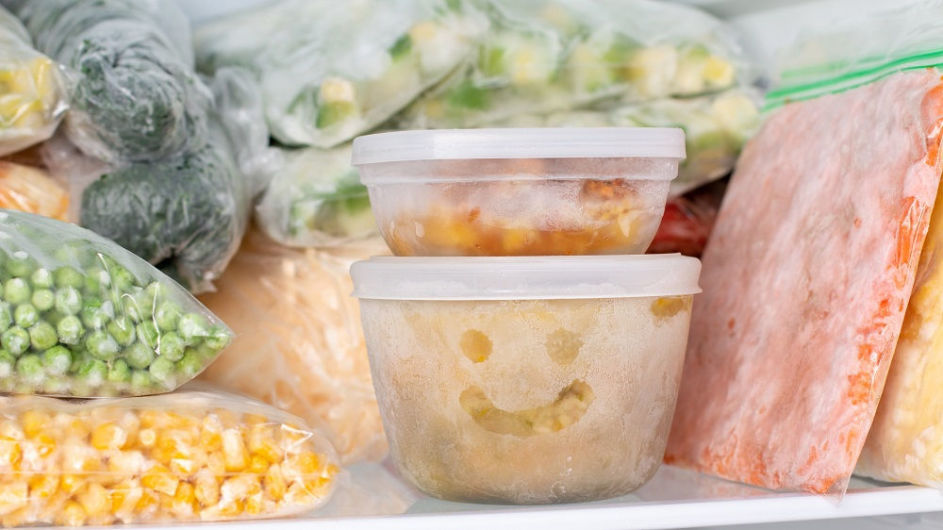 Ein Gefrierfach enthält eingefrorene Lebensmittel in Frischhaltedosen und Gefrierbeuteln.