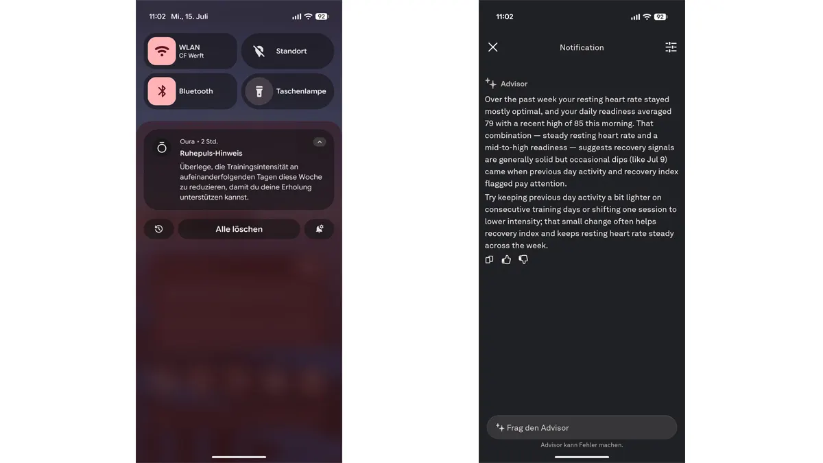 Zwei Screenshots: Die Push-Benachrichtigung der Oura-App auf Deutsch und der zugehörige Text in der App auf Englisch.