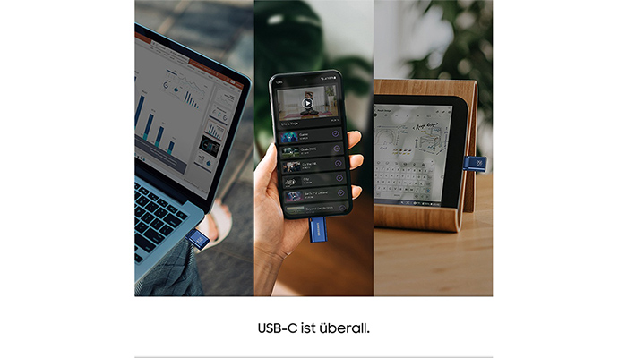 Ein Laptop, ein Smartphone und ein Tablet sind mit einem blauen USB-C-Stick verbunden. Alle Geräte zeigen verschiedene Inhalte an.