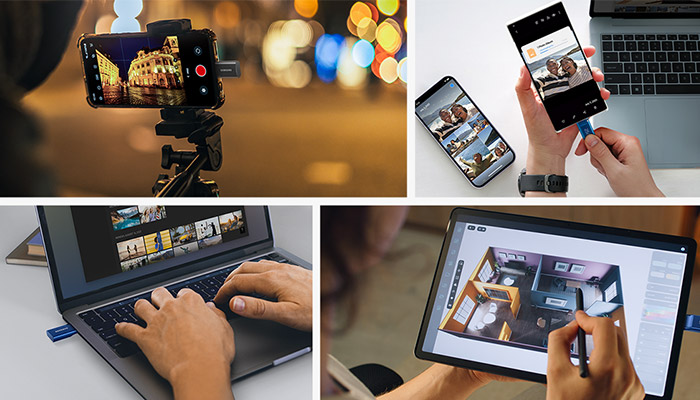 Kollage aus diversen Einsatzmöglichkeiten eines Samsung USB-Sticks, etwa beim Filmen oder Arbeiten am Laptop.