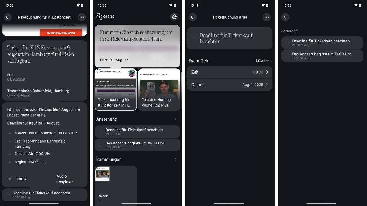 Die Collage zeigt vier Screenshots aus der App Essential Space des Nothing Phone (3a) Pro.