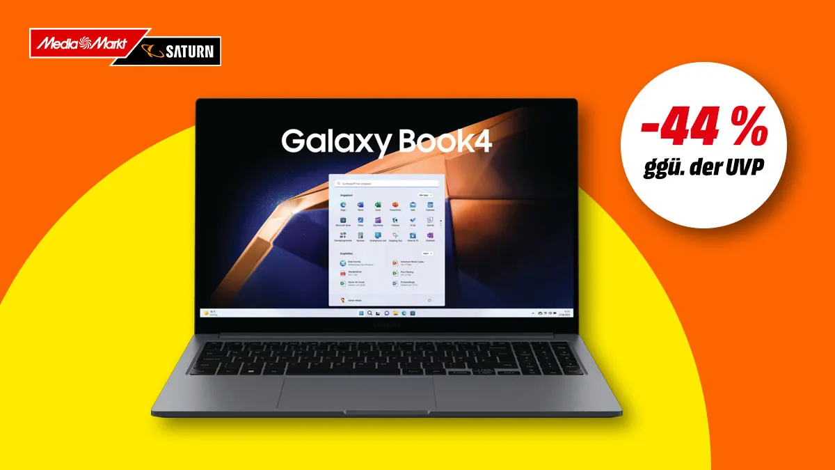 Samsung Galaxy Book4 und Hinweis auf 44 Prozent Rabatt gegenüber UVP auf buntem Hintergrund.