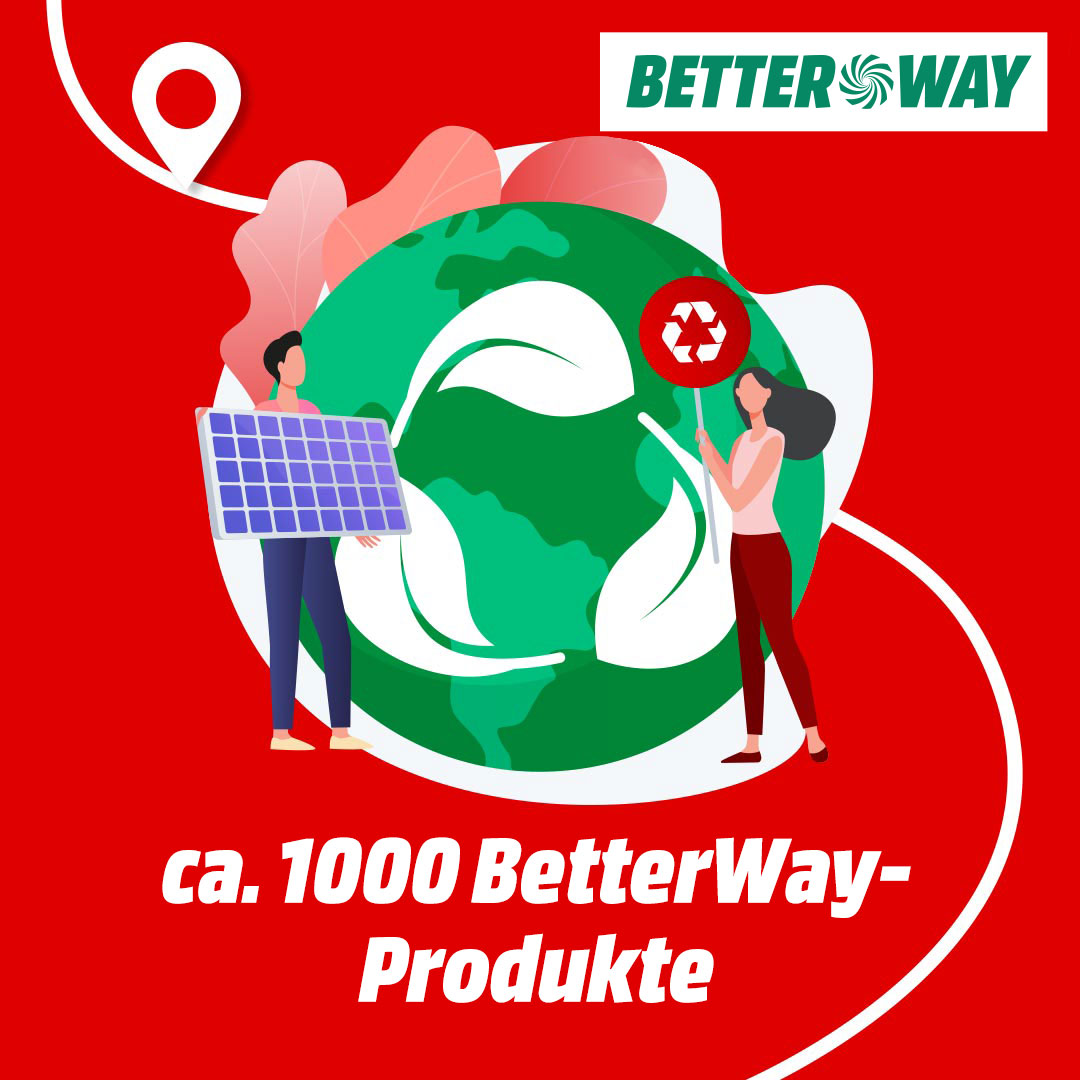 Auf rotem Grund stehen Personen mit Solarpanel und Recycling-Schild vor einer grünen Weltkugel mit Blättern. "BetterWay"-Logo oben.