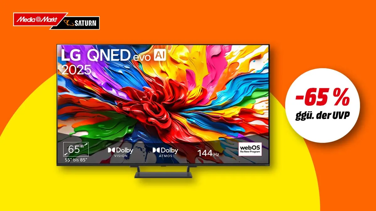 LG 65QNED93A6A QNED evo TV und Hinweis auf 65 Prozent Rabatt gegenüber UVP auf buntem Hintergrund.
