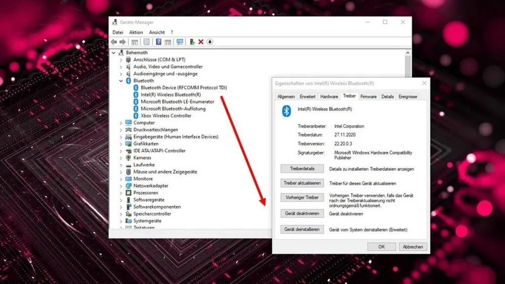 Ein Gerätemanager-Fenster zeigt Bluetooth-Geräte, hervorgehoben durch einen roten Pfeil. Ein zweites Fenster listet Treiberdetails für Intel Wireless Bluetooth auf.