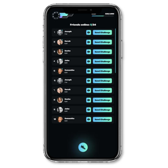 Auf dem Display eines Telefons wird eine Liste von Online-Freunden mit Avatar-Bildern und der Option "Herausforderung senden" angezeigt.