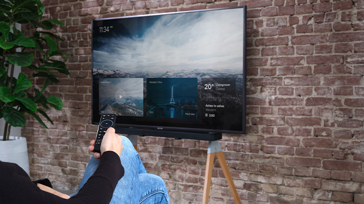 Eine Person mit Jeans hält eine Fernbedienung vor einem Fernseher an einer Ziegelwand. Eine Pflanze steht daneben.