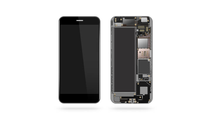 Eine Vorderansicht eines iPhones und die Innenansicht eines Akkus von einem iPhone.