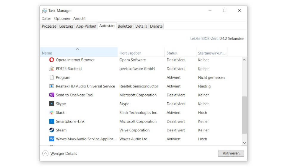 Ein Screenshot zeigt den Task-Manager von Windows 10.