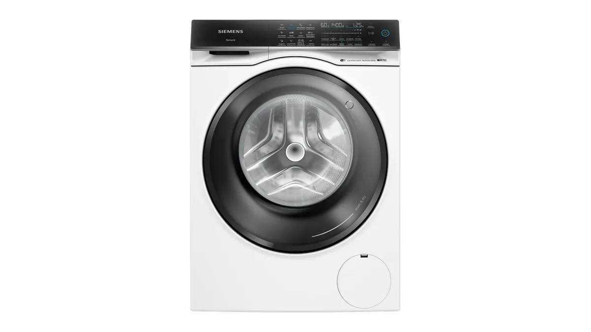 Der Waschtrockner Siemens WN54C2070 iQ700 vor einem weißen Hintergrund.
