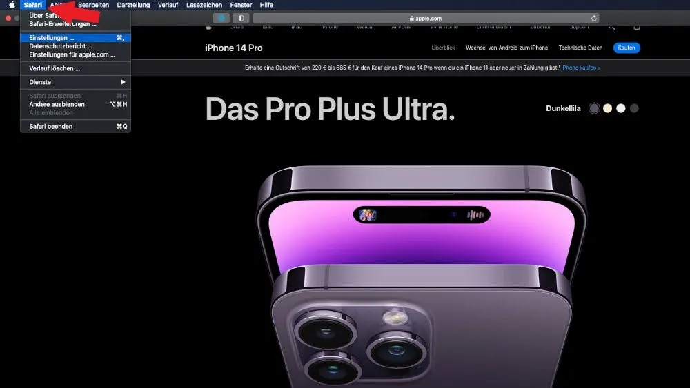 Ein Browserfenster zeigt die Apple iPhone 14 Pro Webseite und das "Safari"-Menü mit geöffneten "Einstellungen" oben links.