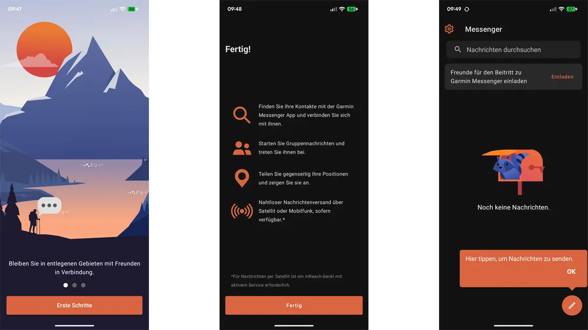 Drei Screenshots zeigen die ersten Schritte mit der Garmin-Messenger-App.