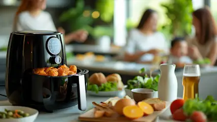 Ein schwarzer Airfryer mit Speisen steht auf einem Tisch. Im Hintergrund sind Personen, Speisen und Getränke zu sehen.