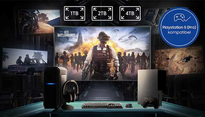 Die 990 Pro Heatsink ist in 1 TB, 2 TB und 4 TB verfügbar und mit der PlayStation 5 Pro kompatibel.