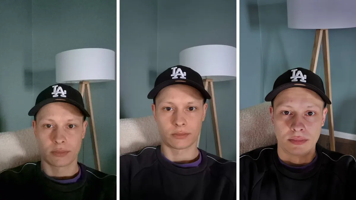 Eine Collage zeigt drei Selfies von Alex mit unterschiedlicher Bildqualität.
