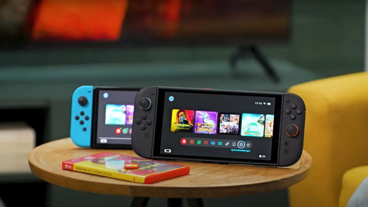 Die Nintendo Switch 2 steht vor der Nintendo Switch 1 auf einem Holztisch.