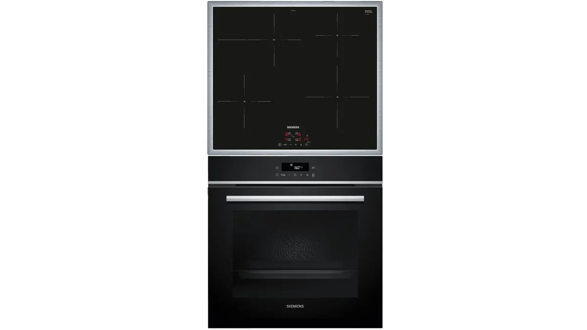 Das PQ613PIAA-Backofen-Set von Siemens vor weißem Hintergrund.