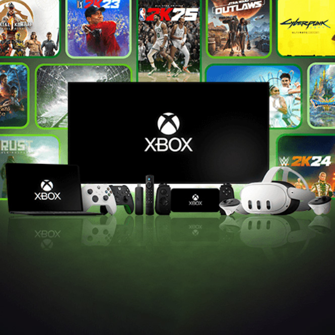 Ein Xbox-Display mit Konsole, Controllern, Headset und Spielhüllen auf einem grünen Hintergrund.