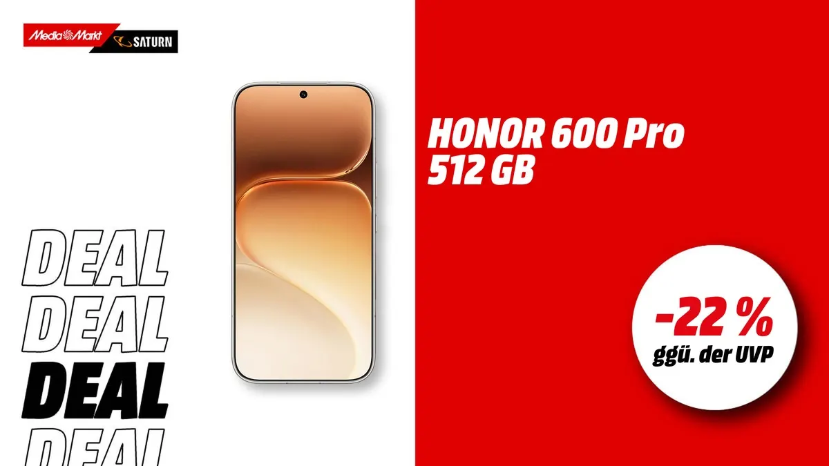 Honor 600 Pro Smartphone in Golden White mit 512 GB Speicher – aktuell mit -22 % (ggü. der UVP) reduziert bei MediaMarkt