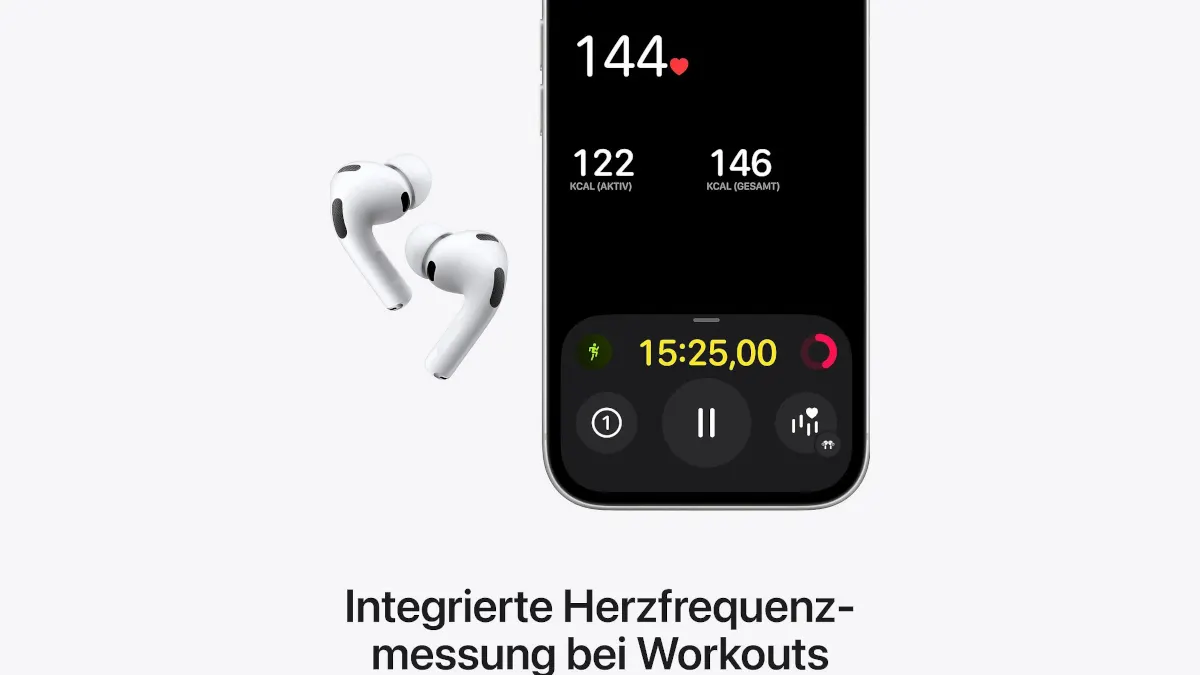 Die AirPods Pro 3 liegen neben einem iPhone, auf dem Werte zu Herzfrequenz und Kalorienverbrauch angezeigt werden. Unter dem iPhone steht der Text „Integrierte Herzfrequenzmessung bei Workouts“.