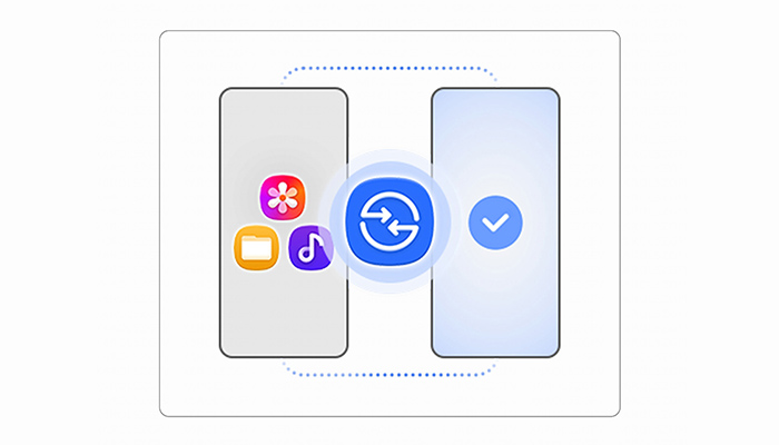 Grafik zur Datenübertragung zwischen zwei Smartphones mit App-Symbolen, Synchronisationssymbol und Bestätigungshaken.