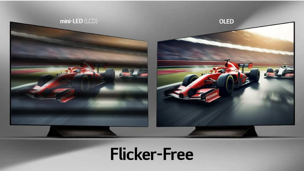 Eine Grafik zeigt zwei Fernseher, auf denen Motorsport läuft. Der linke LCD-Fernseher zeigt Bildflimmern, der rechte OLED-Fernseher nicht.