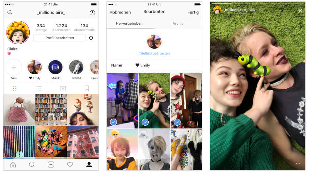Drei verschiedene Screenshots der Instagram-App.
