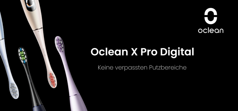 Elektrische Zahnbürsten in Weiß, Beige, Schwarz und Lila vor schwarzem Hintergrund. Oclean-Logo und Text mit Produktinformationen.