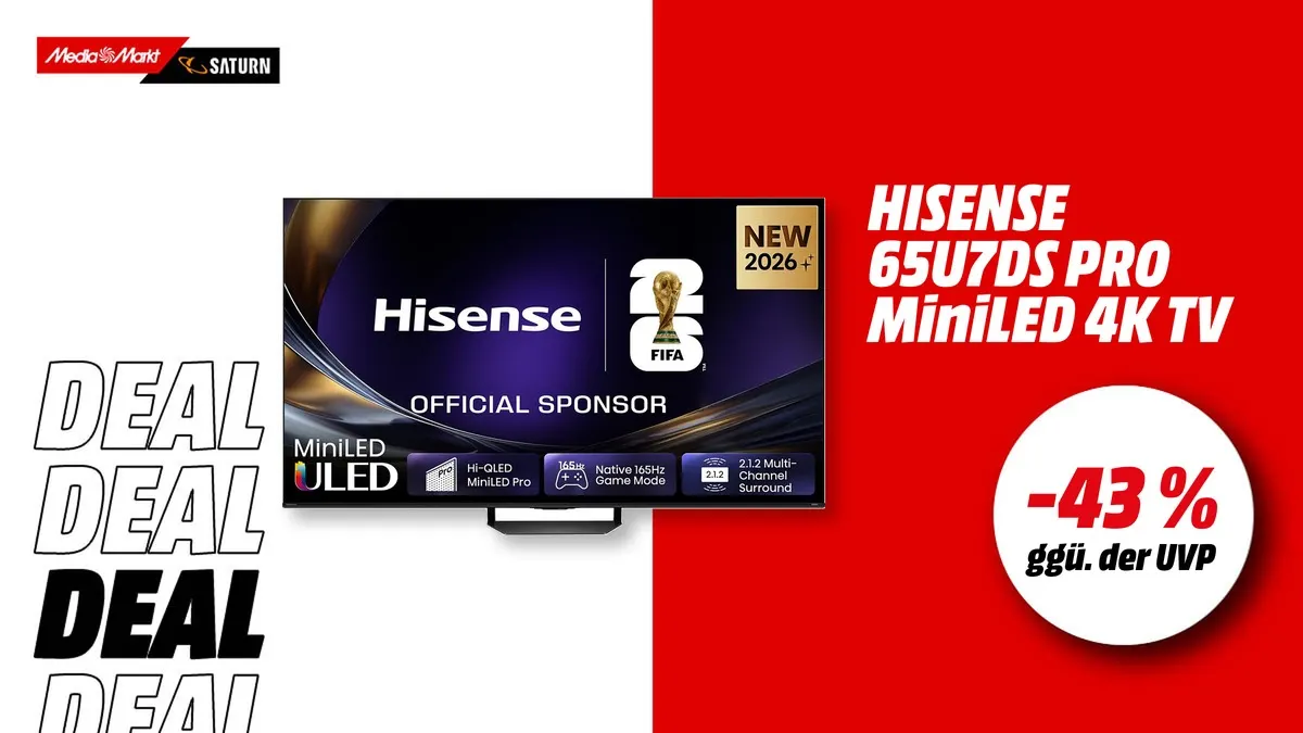 Hisense 65U7DS MiniLED 4K TV mit 65 Zoll – aktuell mit -43 % (ggü. der UVP) reduziert bei MediaMarkt/Saturn