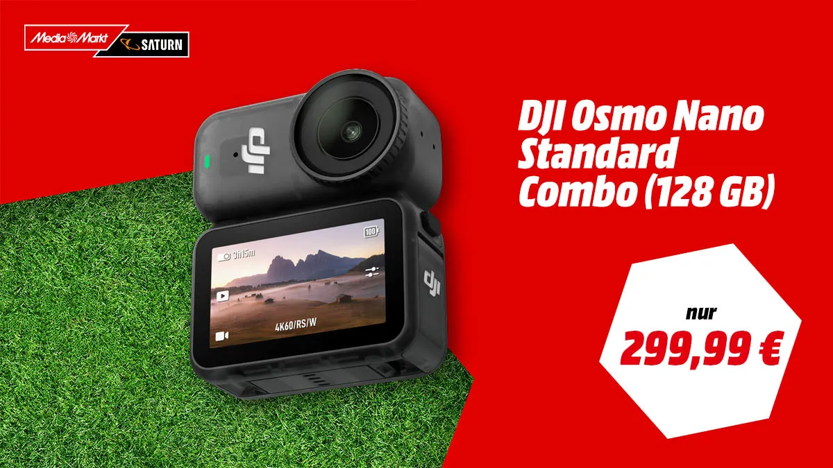 Die DJO Osmo Nano Action Cam und Hinweis auf Aktionspreis 299,99 Euro bei MediaMarkt.