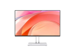 Schlichter Monitor mit dünnem schwarzen Rahmen und weißem Standfuß, auf dem ein abstraktes, rosafarbenes Hintergrundbild angezeigt wird