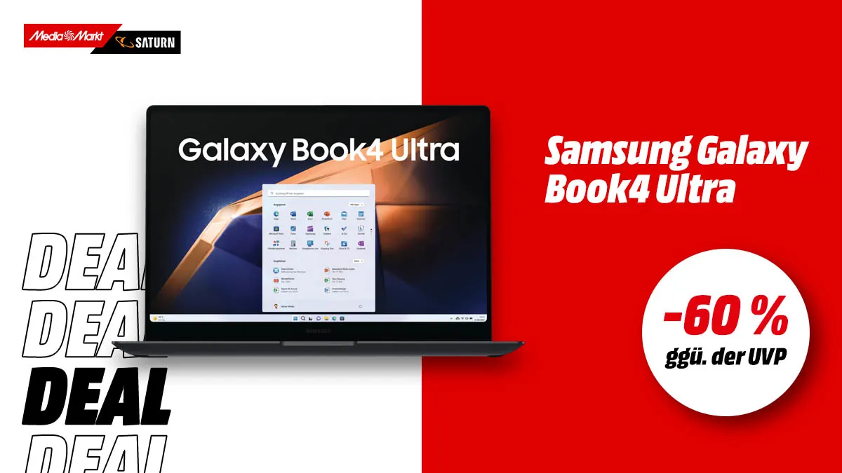 Das Samsung Galaxy Book4 Ultra und Hinweis auf 60 Prozent Rabatt ggü. der UVP.