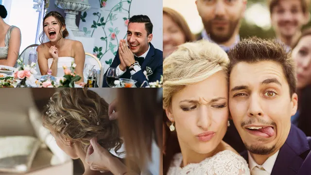 Vier Felder zeigen Hochzeitsgäste, die lachen, plaudern und Selfies machen. Die Kleidung ist formell mit Anzügen und Kleidern.