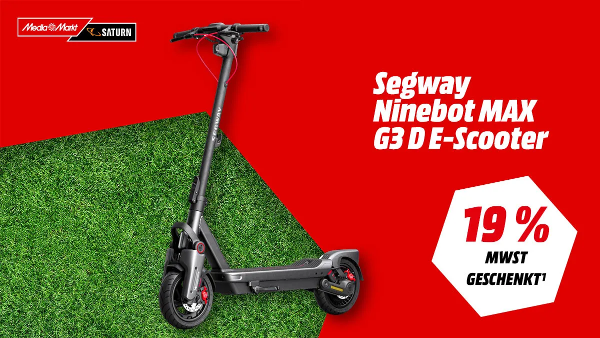 Der Segway E-Scooter und Hinweis auf Mehrwertsteuer-geschenkt-Aktion bei MediaMarkt.