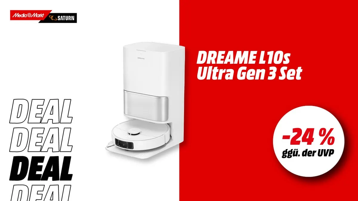 Dreame L10s Ultra Gen 3 Saugroboter in der Ladestation, aktuell mit -24 % (ggü. der UVP) reduziert bei MediaMarkt.