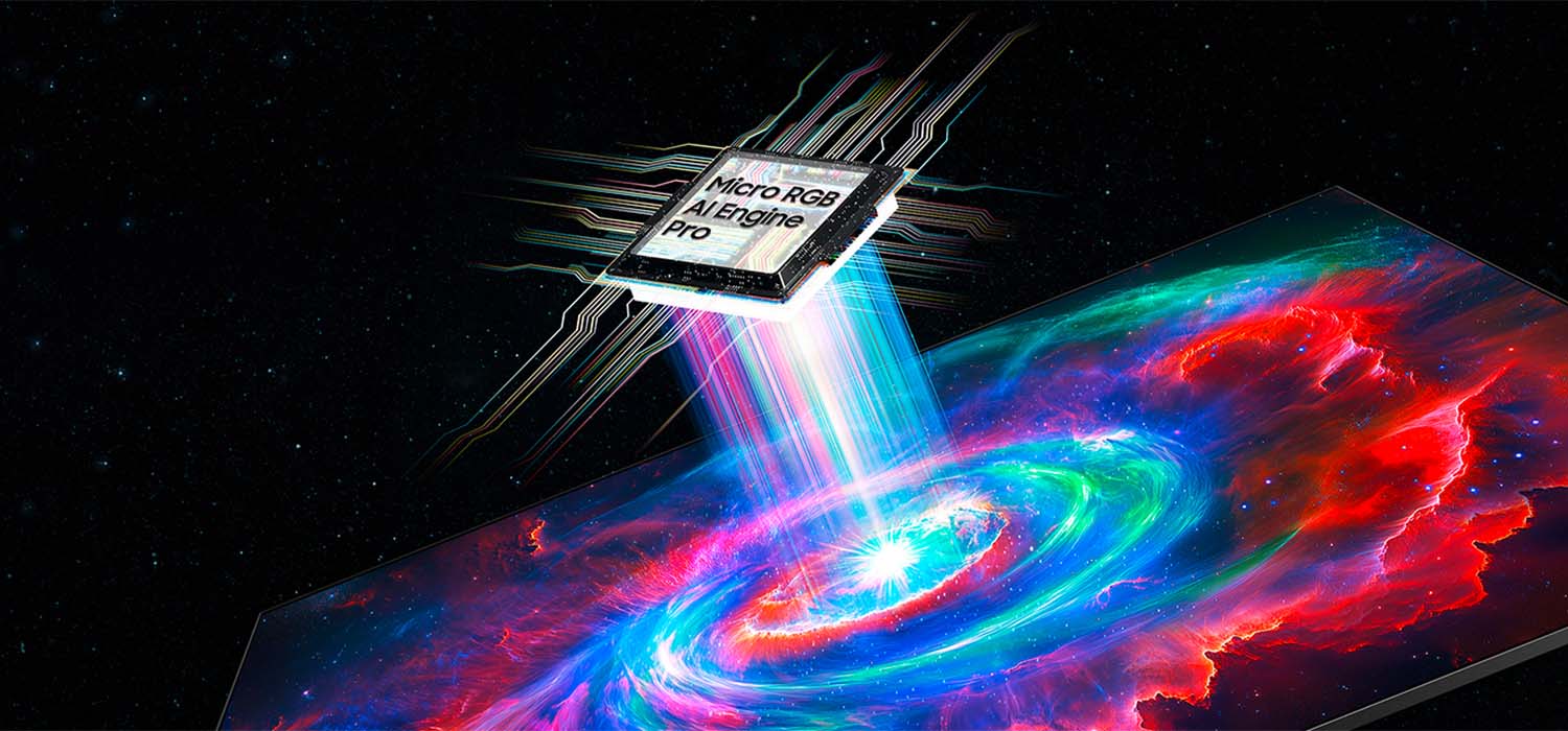 Micro-RGB-AI-Engine-Pro-Chip projiziert farbenfrohe Lichtstrahlen auf einen Fernseher mit kosmischer Darstellung.