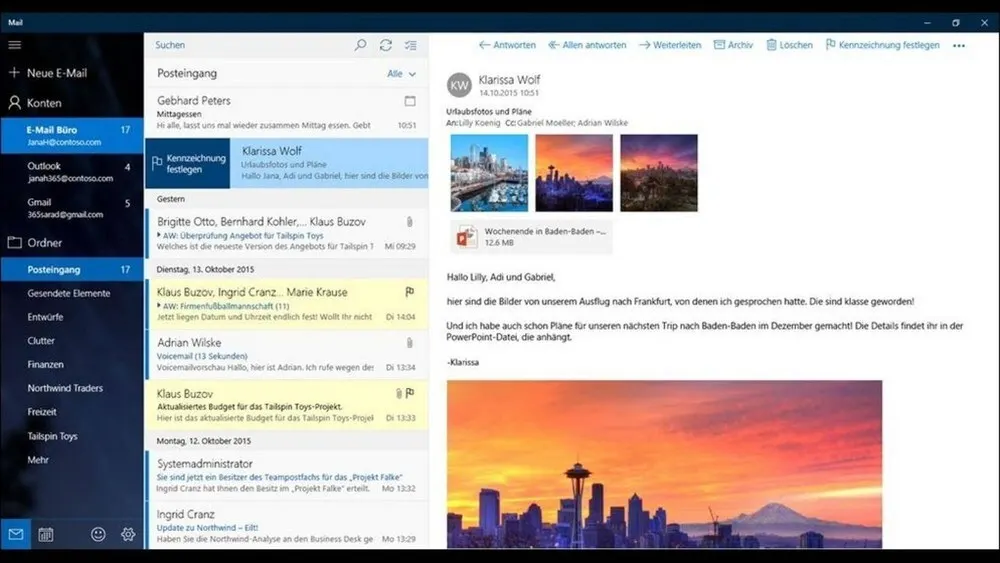 E-Mail-Ansicht zeigt Posteingang mit Nachrichtenliste links und ausgewählter E-Mail mit Bildern rechts.