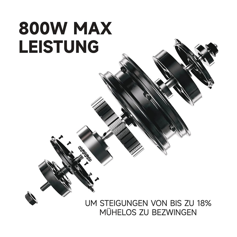 Explosionsgrafik des Motors vom SEGWAY Ninebot E3 Pro D E-Scooter, Text „800W Max Leistung“ und Hinweis auf müheloses Bezwingen von Steigungen bis 18 Prozent.