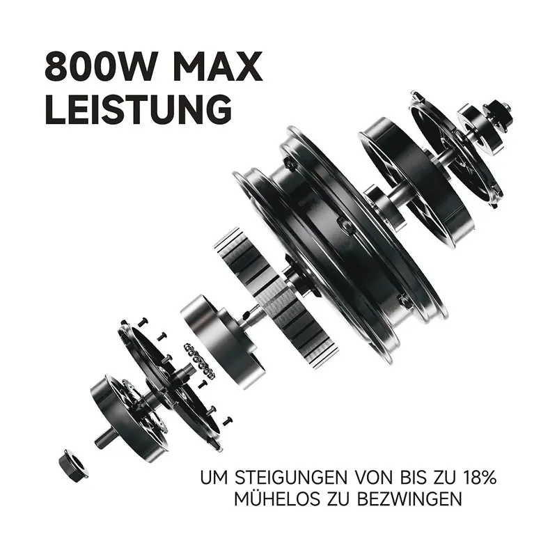 Explosionsgrafik des Motors vom SEGWAY Ninebot E3 Pro D E-Scooter, Text „800W Max Leistung“ und Hinweis auf müheloses Bezwingen von Steigungen bis 18 Prozent.